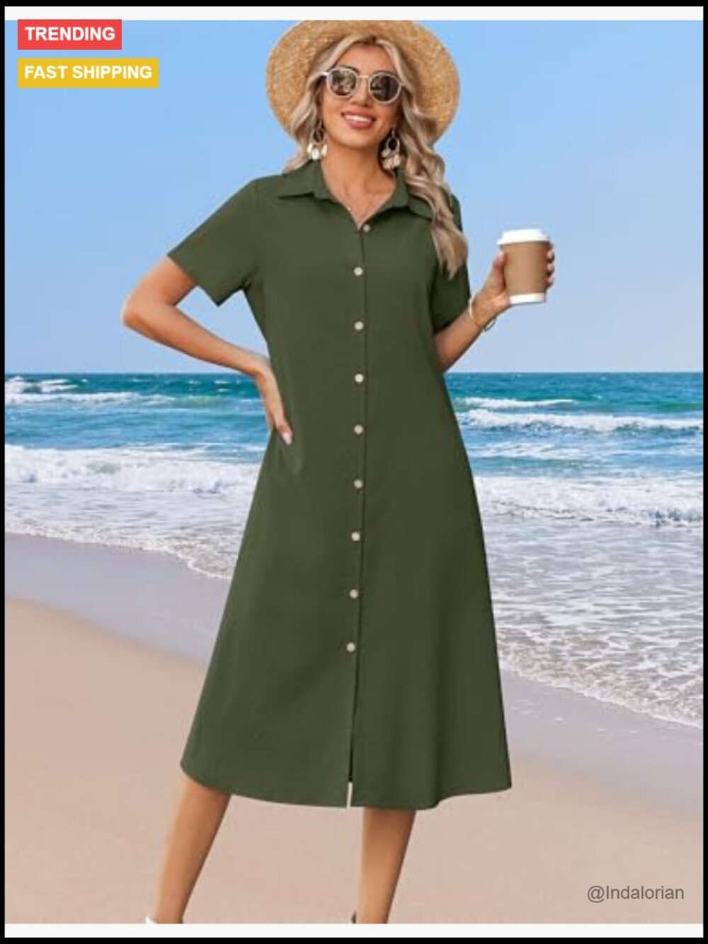Button Down Shirt Dress A-Line Midi with Pockets Short Sleeve Summer Cover Up - Picture 3 of 7